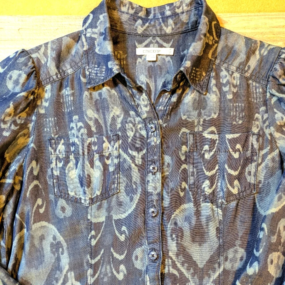Chico’s Women’s‎ Blue Teaneck Ikat Print Maxi Shirt Dress, Comfy, Casual Sz 4P